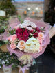 Romantic Bouquet with a White Peony, Pink Roses, and Chrysanthemums