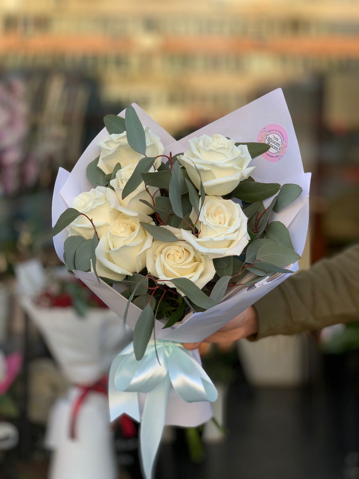 7 Trandafiri Albi Premium cu Gypsophila Obor București