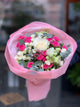 Bouquet misto rosa-bianco con rose ed eustoma
