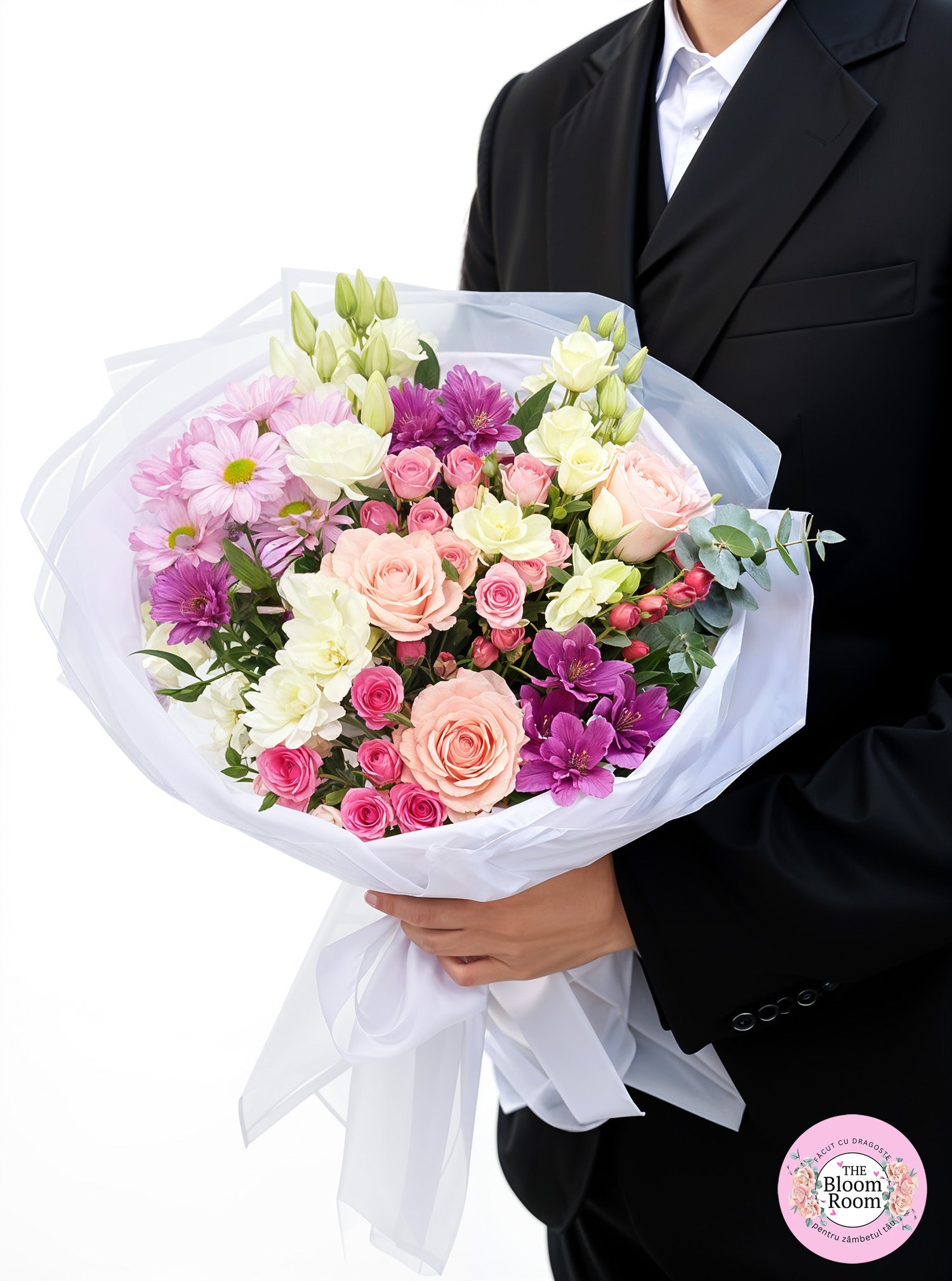 Buchet Mixt cu Trandafiri și Crizanteme