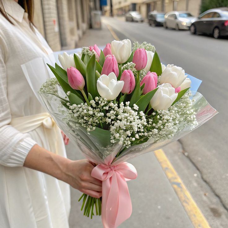 Bouquet di tulipani rosa e bianchi con gipsofila